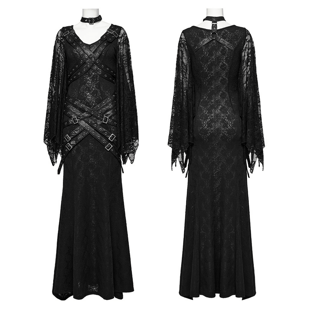 Gothic lace V-neck long dress with batwing sleeves and unique buckle design, perfect for a dramatic punk-inspired look.