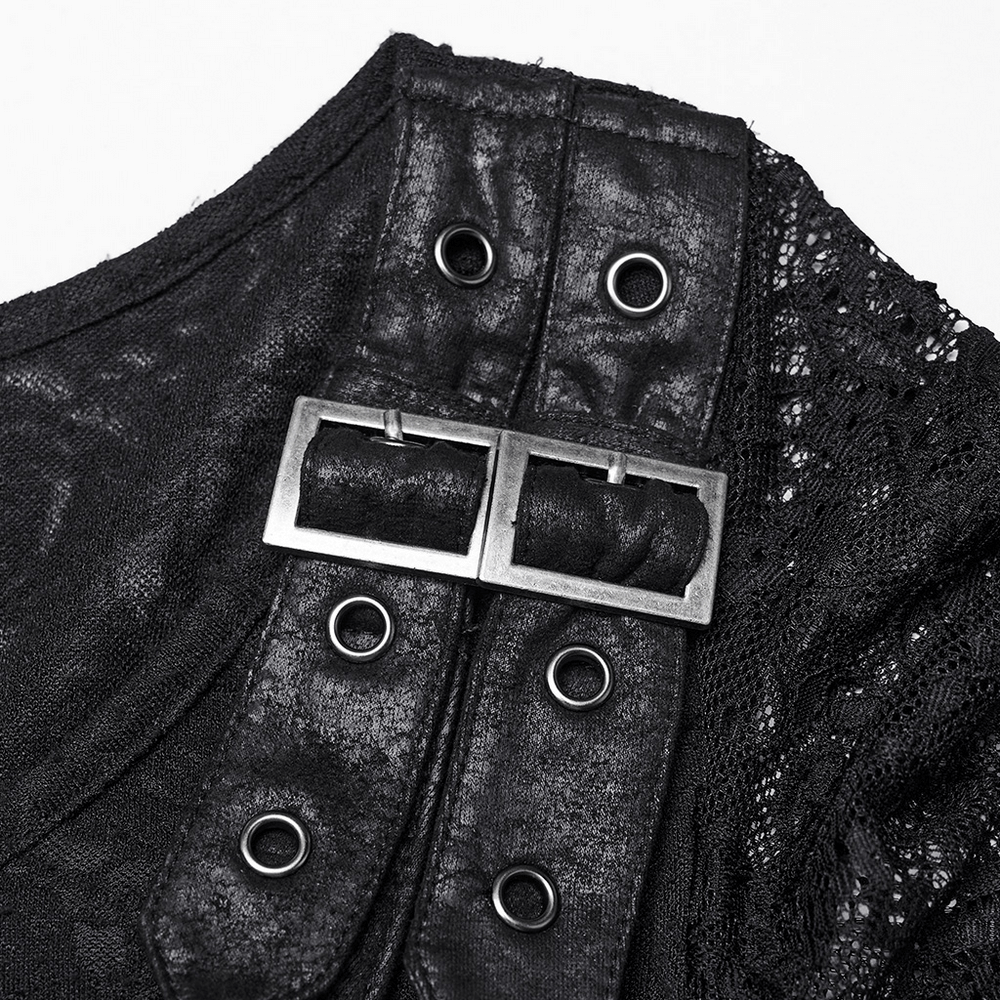 Close-up of Gothic lace dress neckline with decorative buckle and grommet details, showcasing a punk-inspired design.