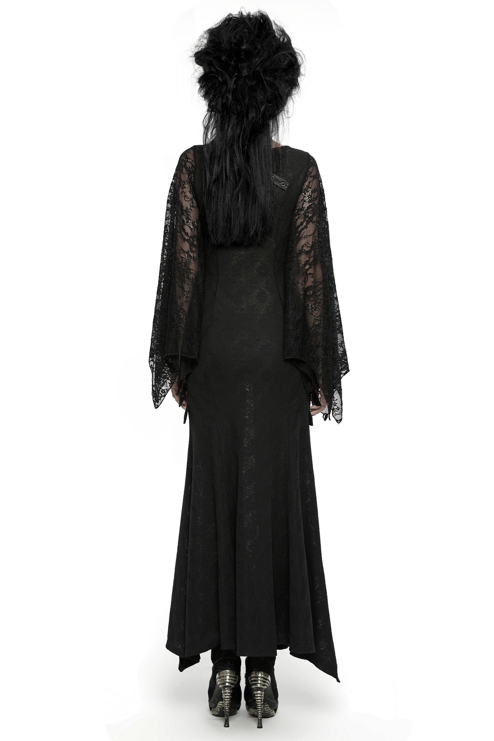 Back view of a Gothic Lace V-Neck Long Dress featuring dramatic batwing sleeves and a flowing silhouette.