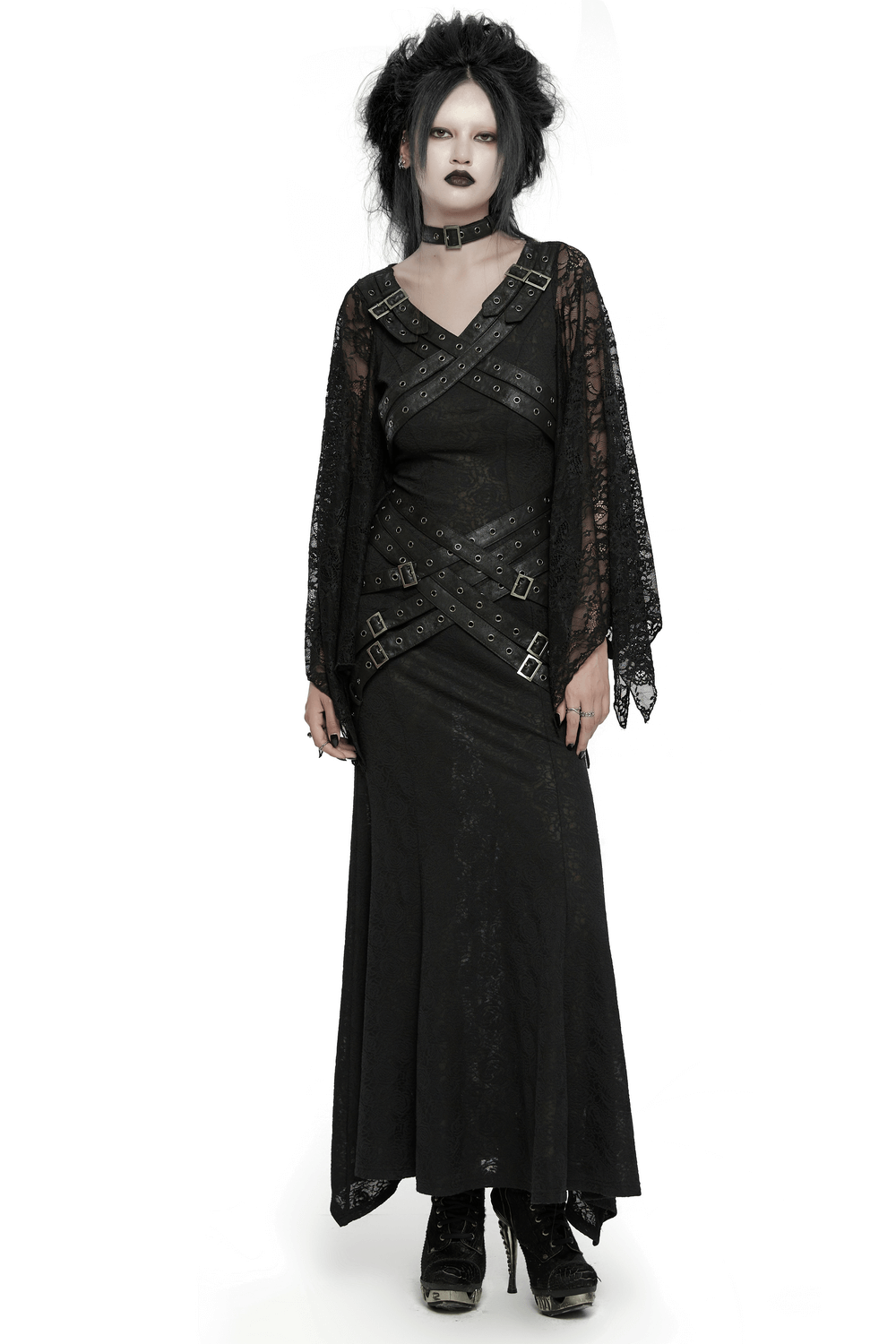 Gothic long dress with batwing sleeves and lace V-neck, featuring unique front detailing and a dramatic silhouette.