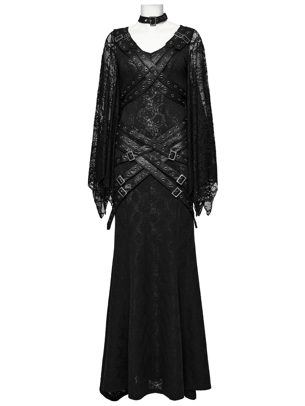 Gothic lace V-neck long dress with batwing sleeves and unique strap details.