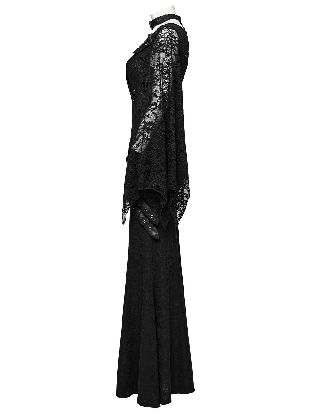 Elegant Gothic Lace V-Neck Long Dress with Batwing Sleeves showcasing unique silhouette and fashionable design.