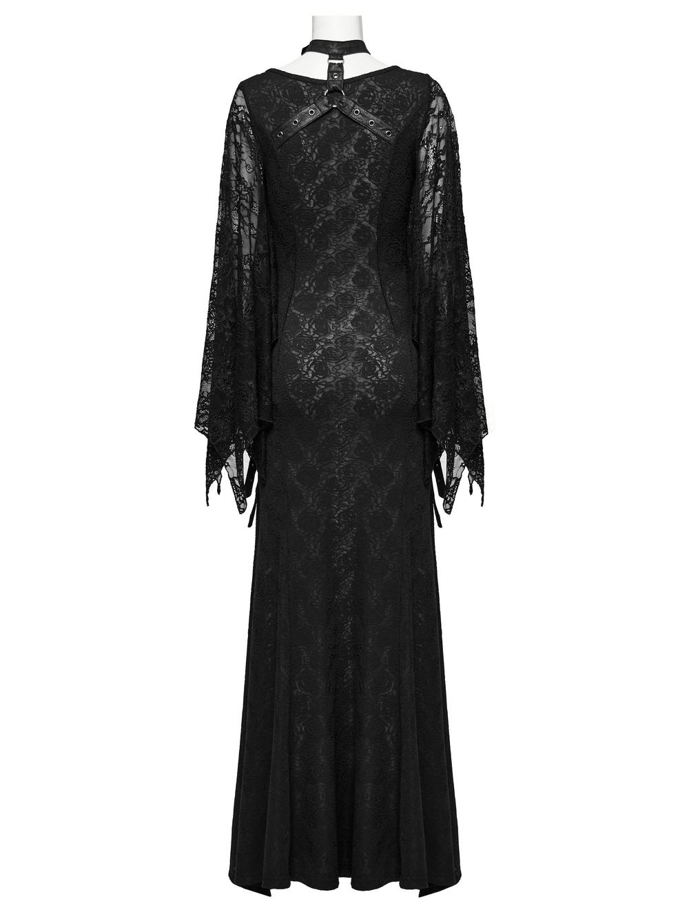 Back view of Gothic Lace V-Neck Long Dress with batwing sleeves and elegant lace detailing.