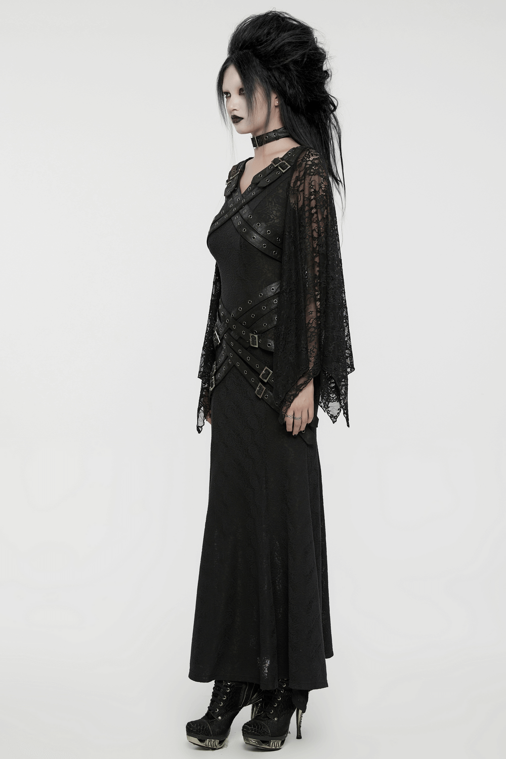 Gothic lace V-neck long dress with batwing sleeves, featuring interlocking loops and elegant silhouette.