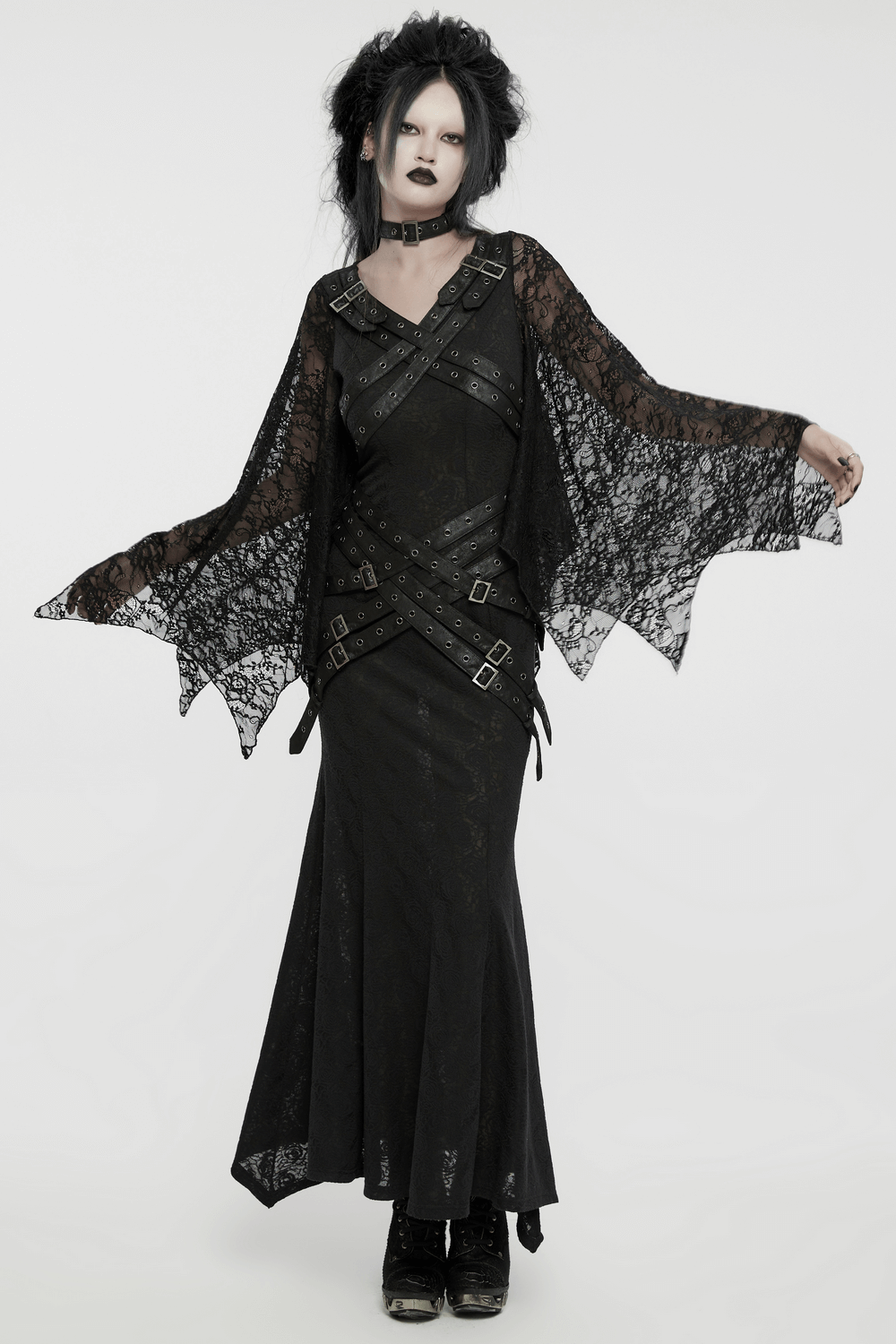 Gothic lace V-neck long dress with batwing sleeves and buckle details for a dramatic punk-inspired look.