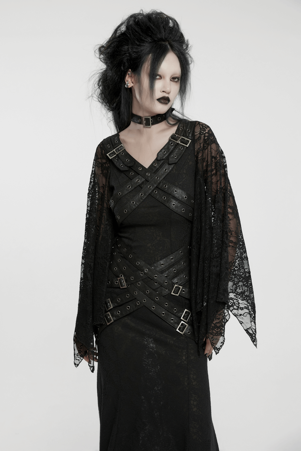 Gothic lace V-neck long dress with batwing sleeves and striking buckled straps.