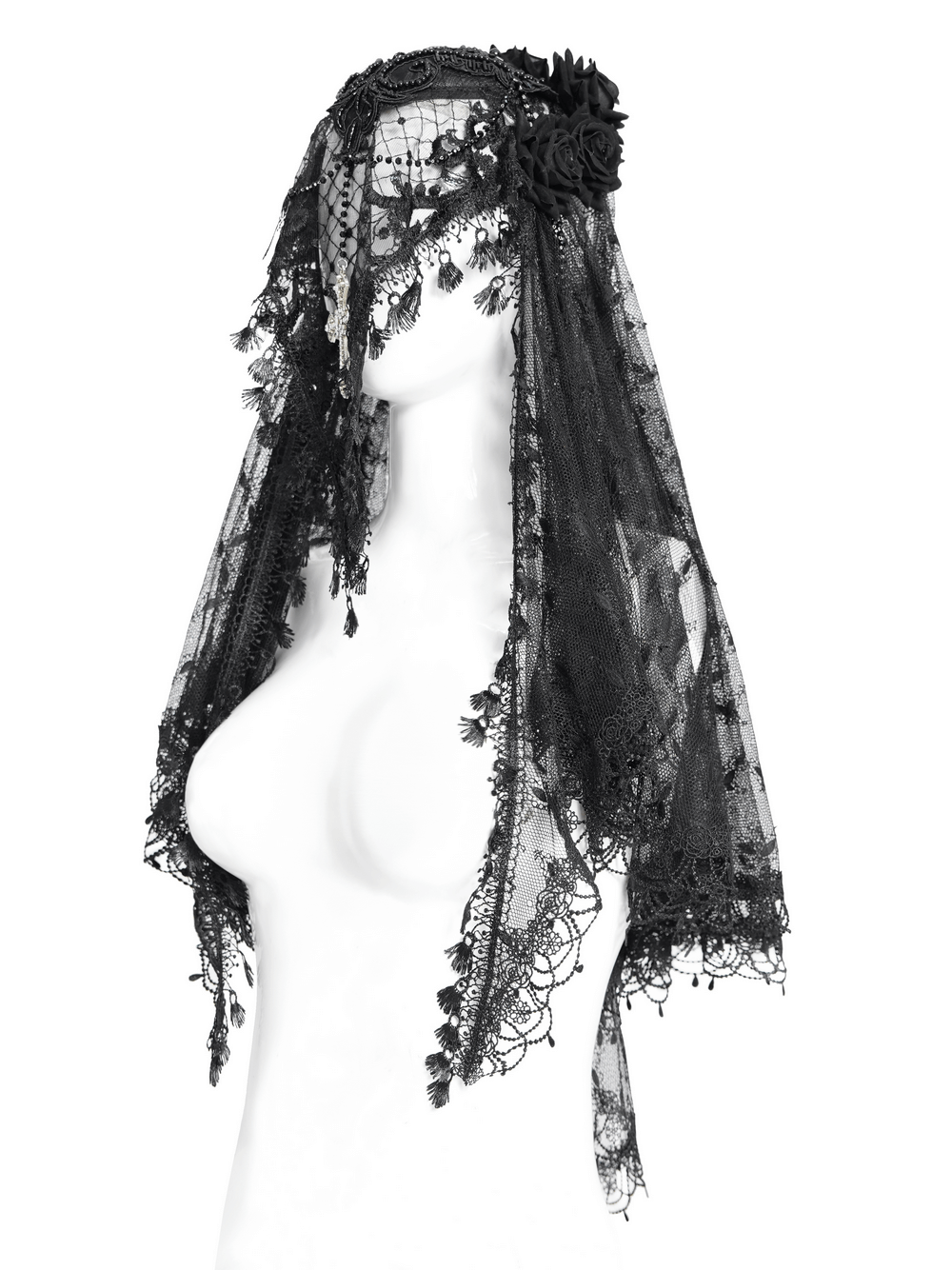 Gothic black lace veil with floral details and cross pendant, perfect for vintage-inspired outfits.