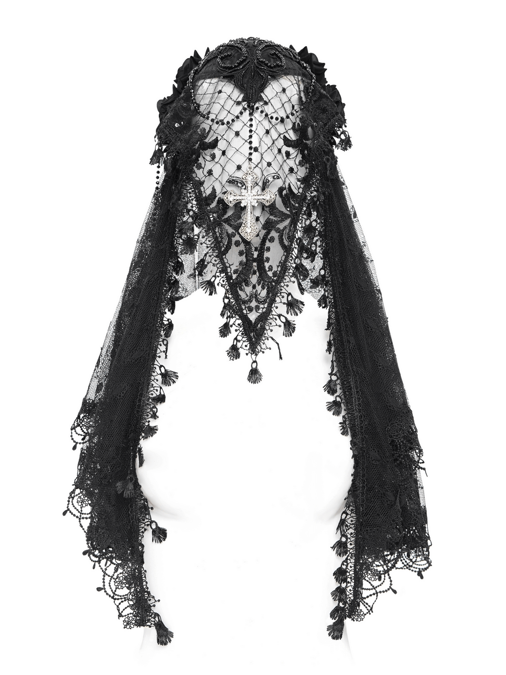 Elegant black gothic lace veil with floral details and cross pendant, perfect for vintage-inspired outfits.