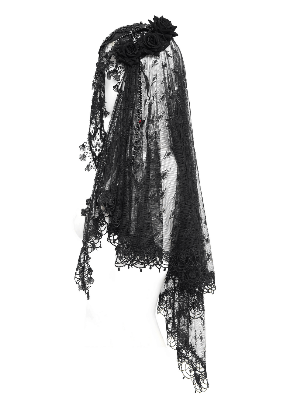 Elegant gothic lace veil with floral details and cross charm for vintage-inspired looks.