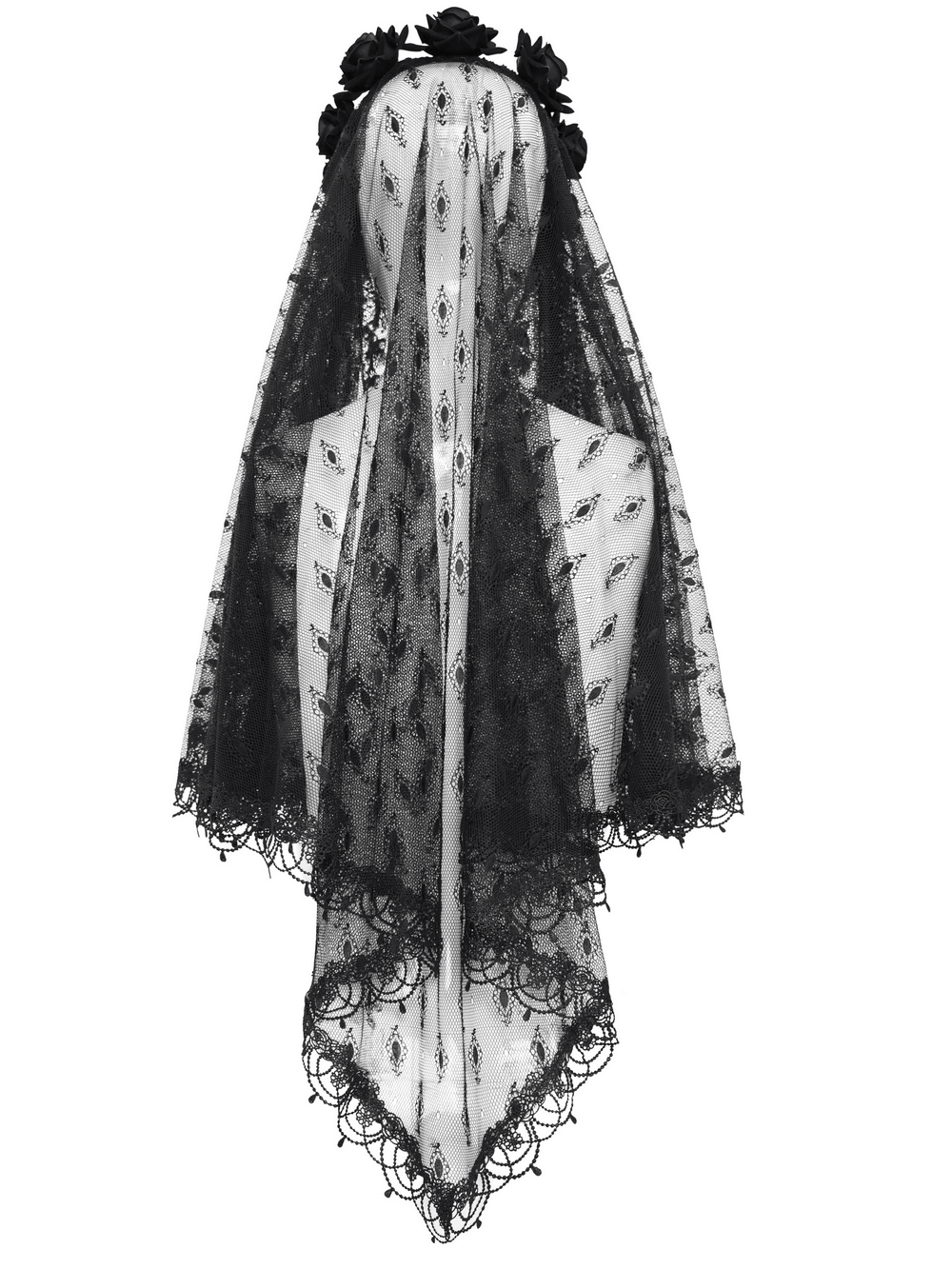 Elegant black gothic lace veil with floral headband and cross pendant, perfect for vintage-inspired outfits.