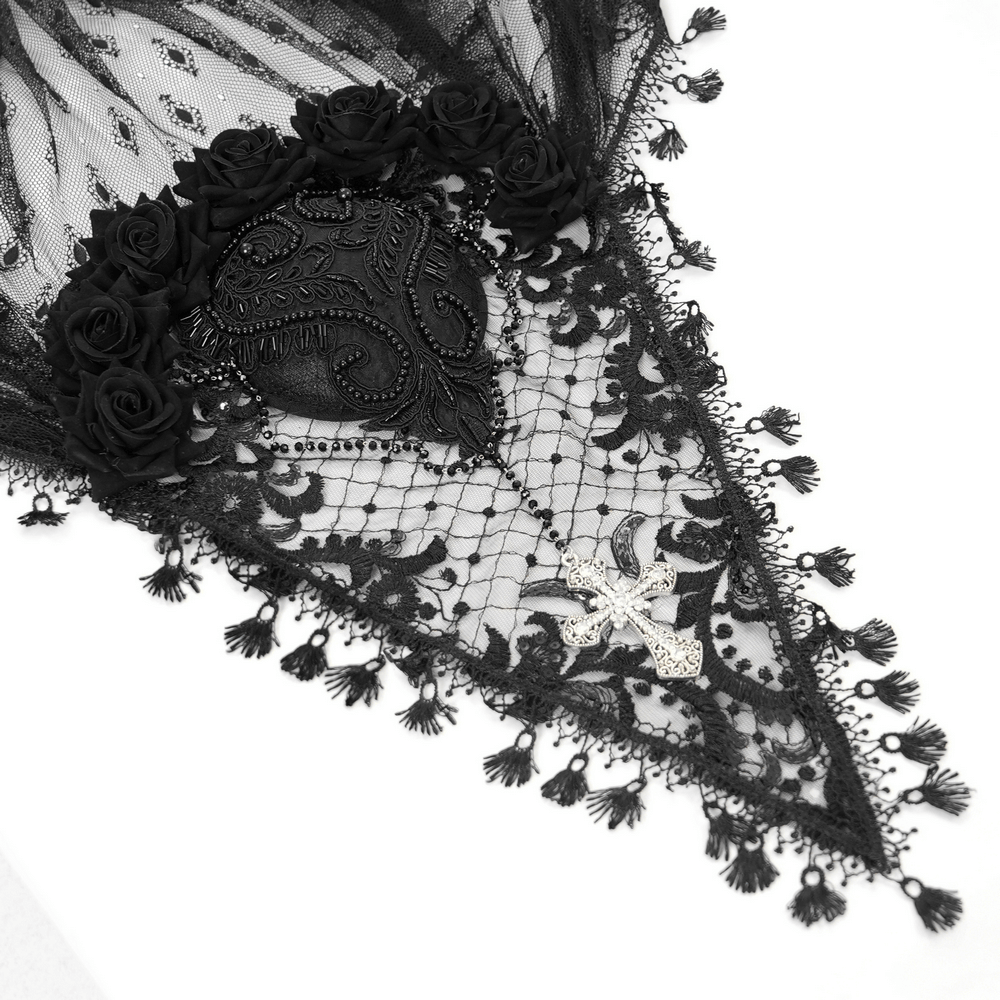 Elegant black lace veil with floral details and cross pendant, perfect for gothic or vintage-inspired outfits.
