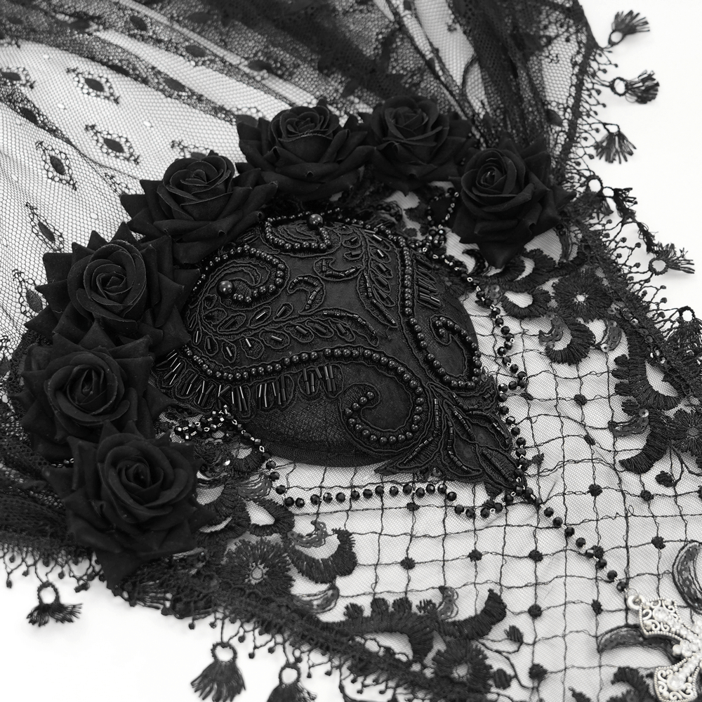 Gothic black lace veil adorned with floral details and cross pendant, perfect for vintage-inspired outfits.