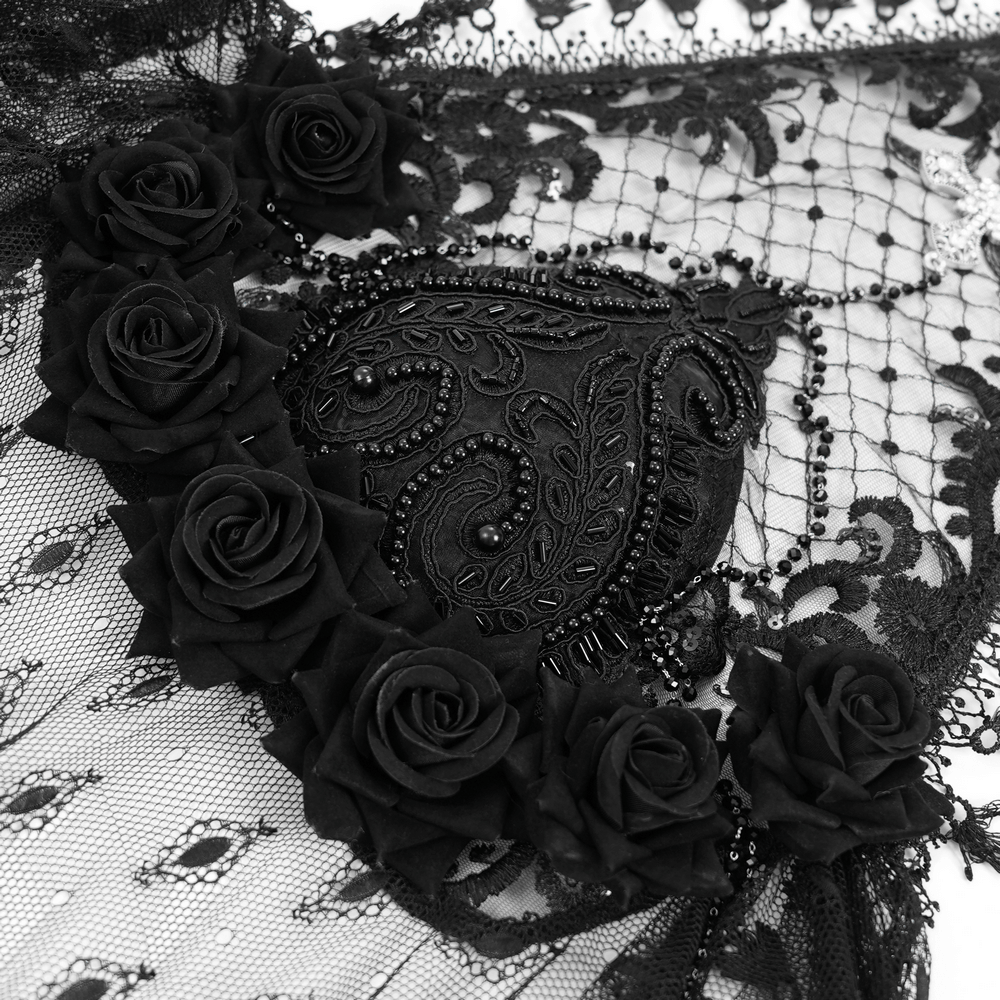 Black lace veil featuring intricate lace design and black floral embellishments, perfect for gothic or vintage styles.