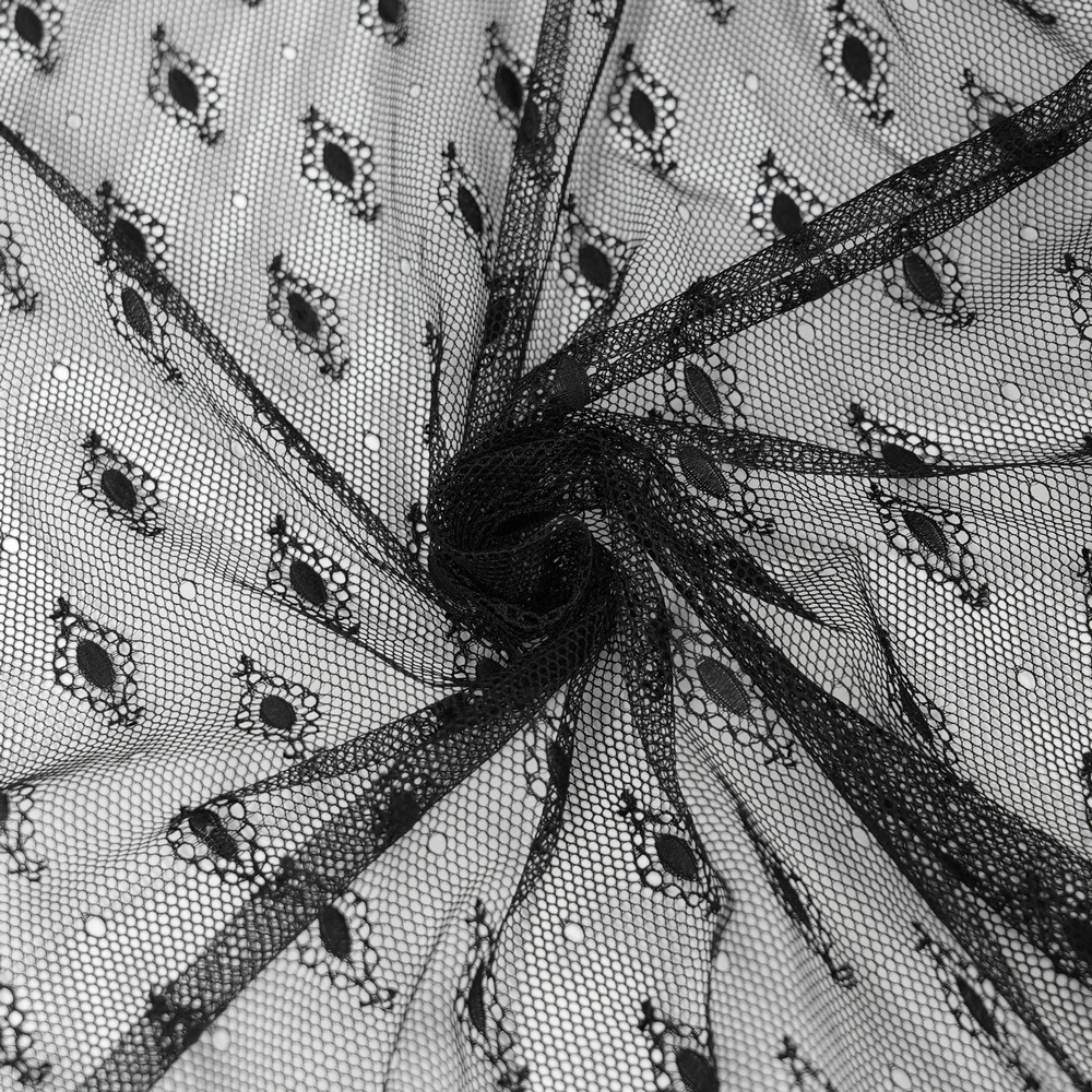 Elegant black lace fabric with intricate floral patterns and dots, perfect for gothic and vintage-inspired designs.