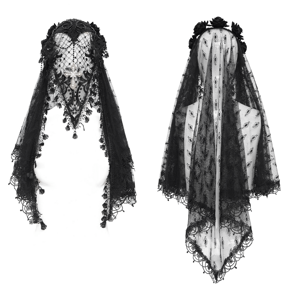 Elegant gothic lace veil featuring floral details and a cross pendant, perfect for vintage-inspired outfits.