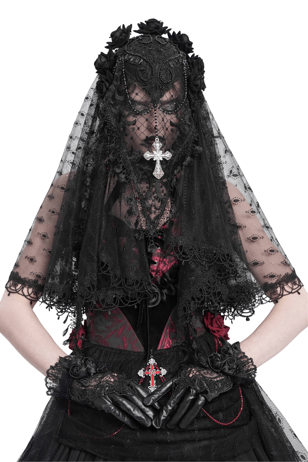 Gothic black lace veil with floral details and cross pendant, worn with gothic attire, perfect for costumes and events.