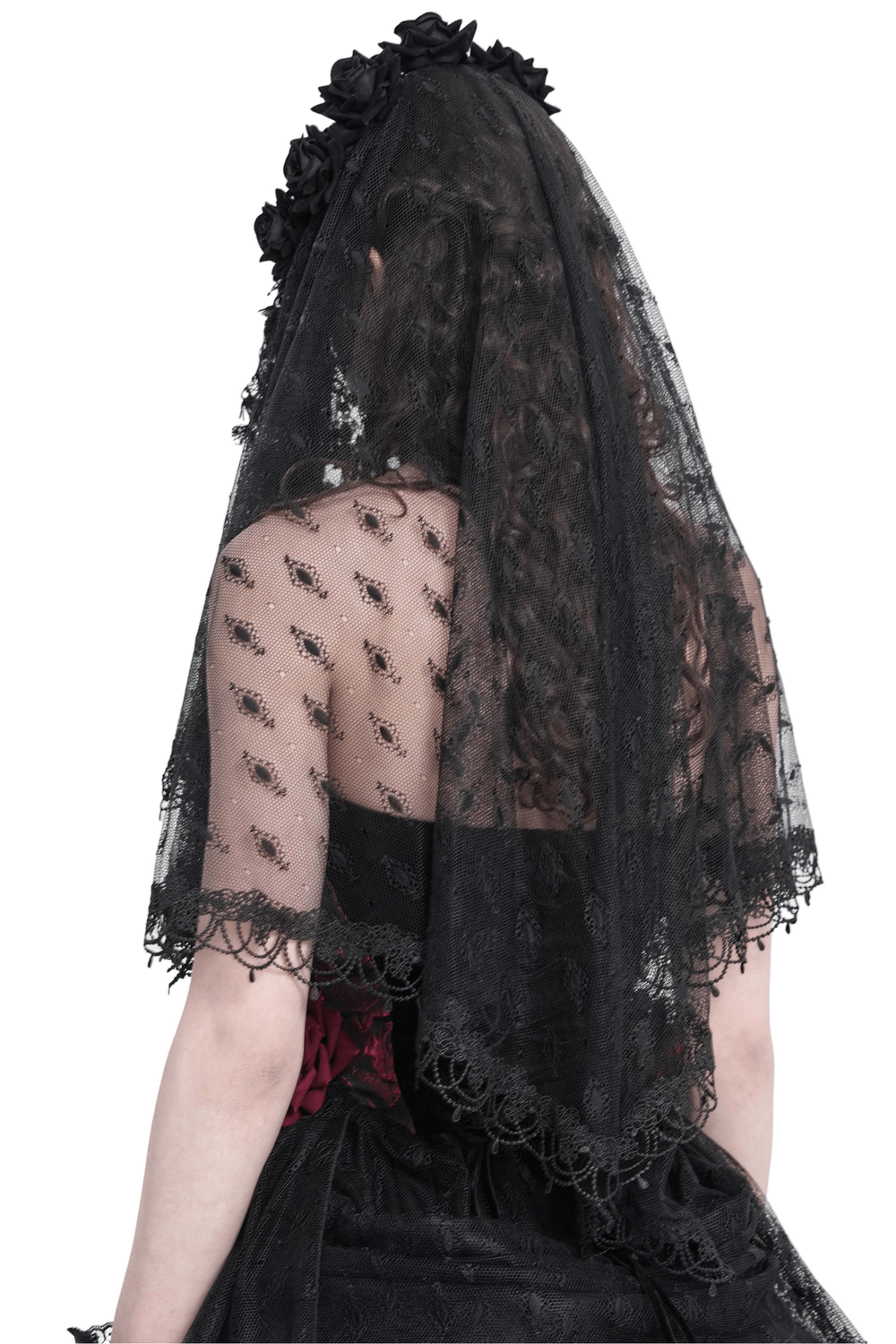 Elegant black lace veil with floral details and intricate lace edges, worn in a gothic style.