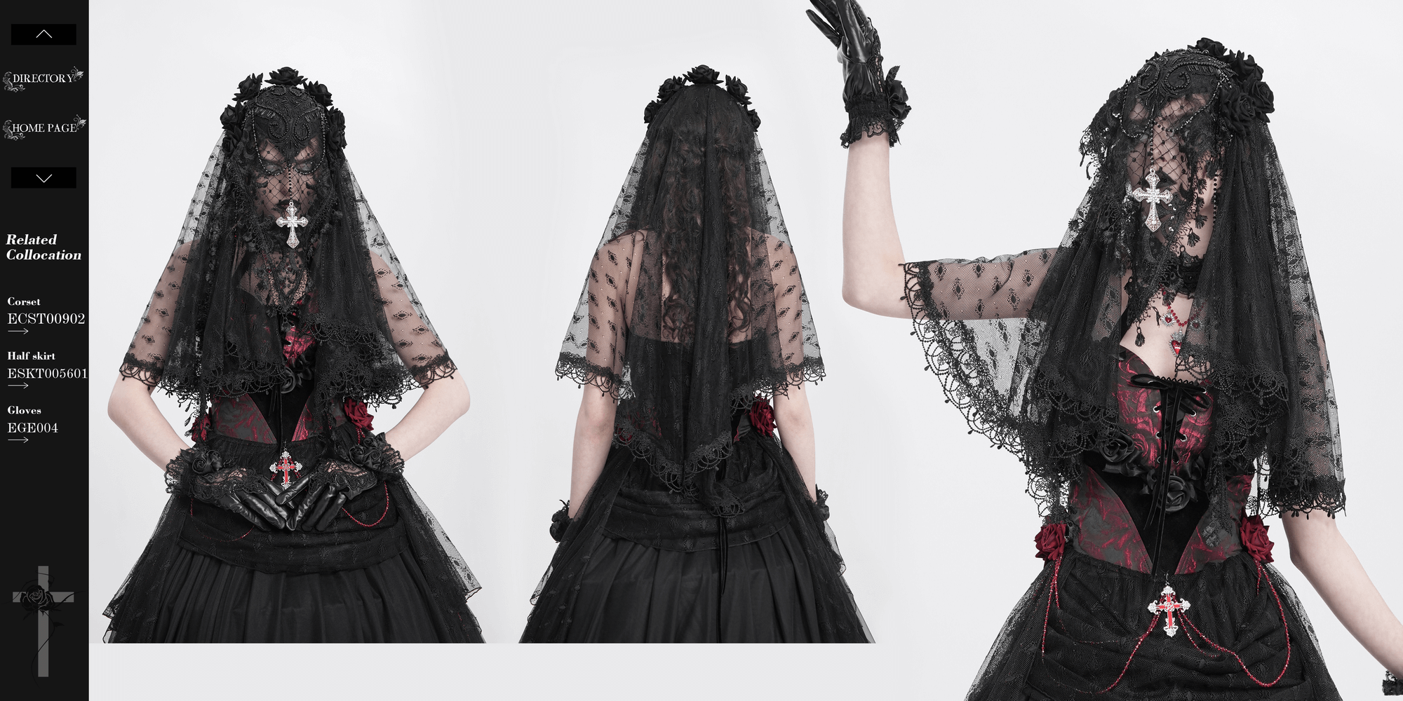 Elegant gothic lace veil with floral details and cross pendant, perfect for vintage-inspired outfits.