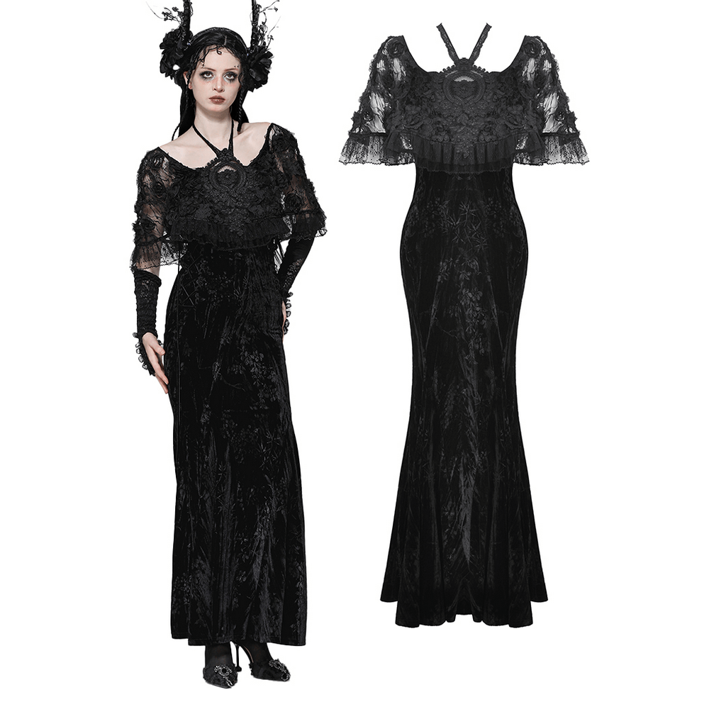 Elegant black gothic lace velvet maxi dress with ruffled hem and lace sleeves, perfect for formal and gothic events.