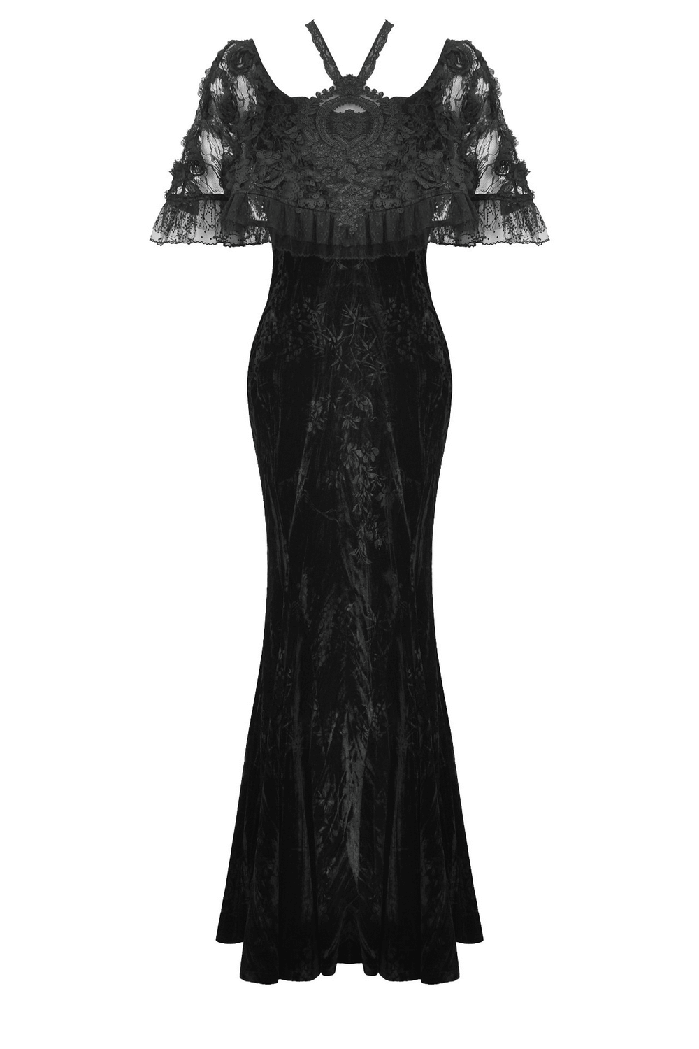 Elegant black gothic lace velvet maxi dress with ruffled hem and lace sleeves, perfect for formal events.