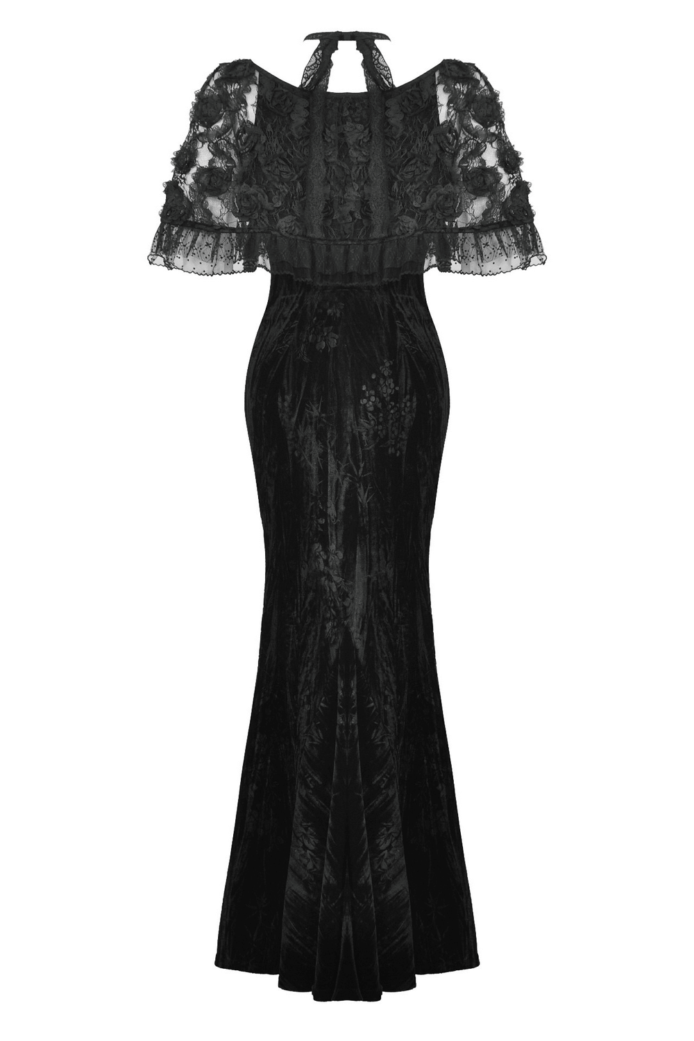 Elegant black gothic lace velvet maxi dress with ruffled hem and lace sleeves, perfect for formal gatherings.
