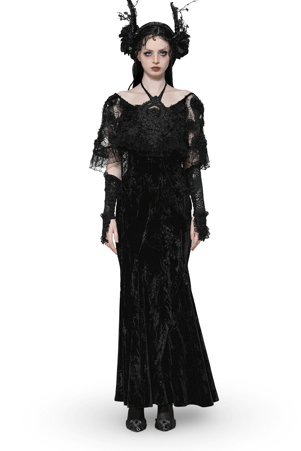 Elegant black gothic lace velvet maxi dress with ruffled hem and lace sleeves, perfect for gothic events.