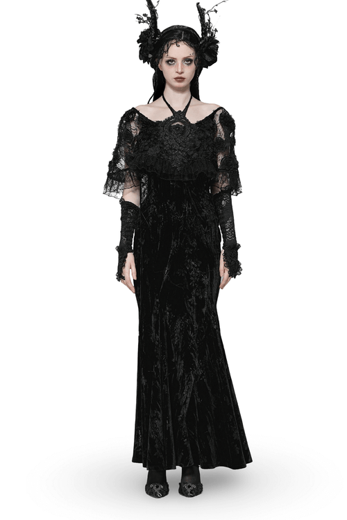 Vestido Maxi de Terciopelo con Encaje Gótico y Dobladillo con Volantes