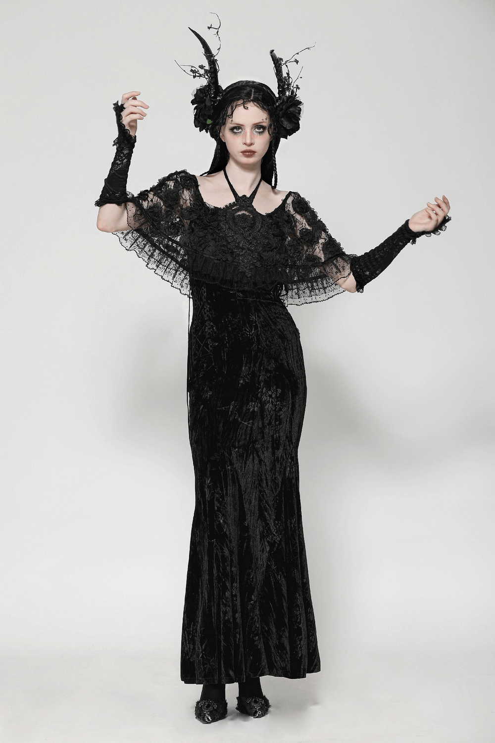 Elegant Gothic lace velvet maxi dress with ruffled hem, lace sleeves, and a dark, alluring silhouette.
