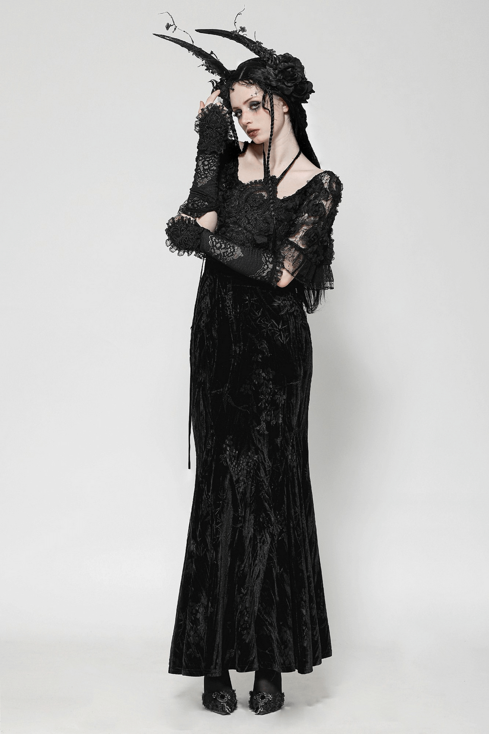 Elegant black gothic lace velvet maxi dress with ruffled hem and lace sleeves, perfect for formal gatherings.
