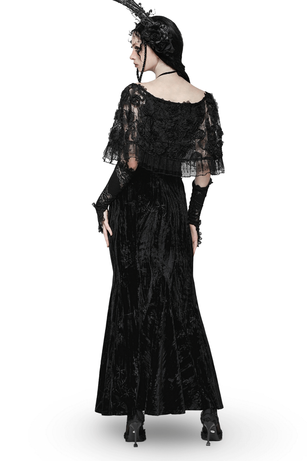 Elegant black gothic velvet maxi dress featuring lace sleeves and ruffled hem, perfect for gothic and formal occasions.