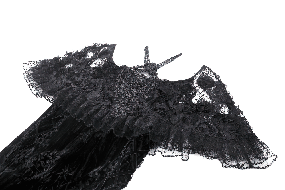 Elegant black gothic lace dress with ruffled hem and intricate lace sleeves, perfect for formal events.