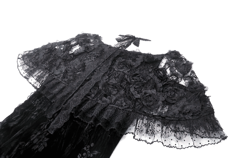 Elegant black gothic lace dress with floral lace accents and ruffled hem, perfect for formal events.
