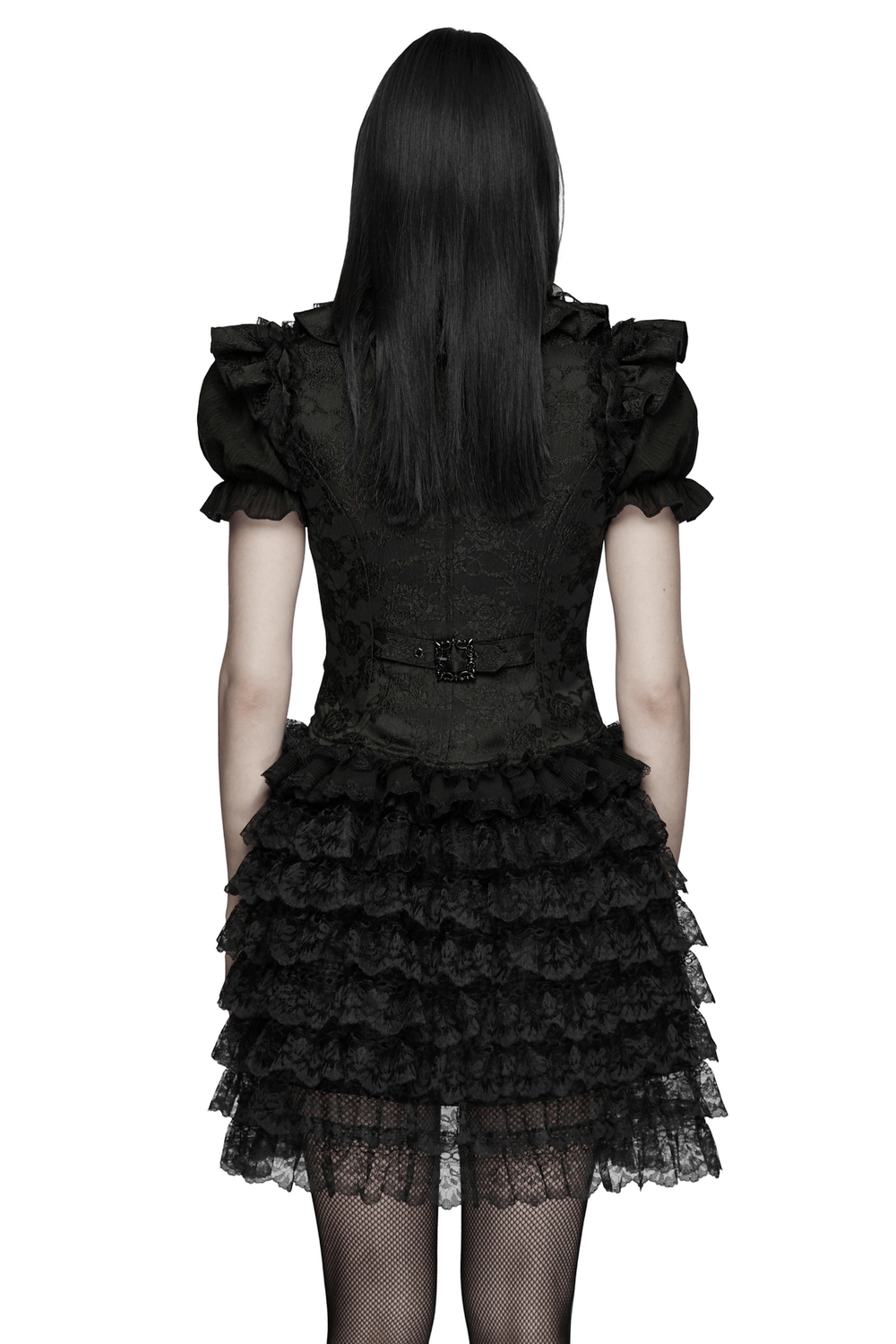 Back view of Gothic Lace Vest with Layered Skirt and Ruffled Detail, featuring ruffles and lace accents.