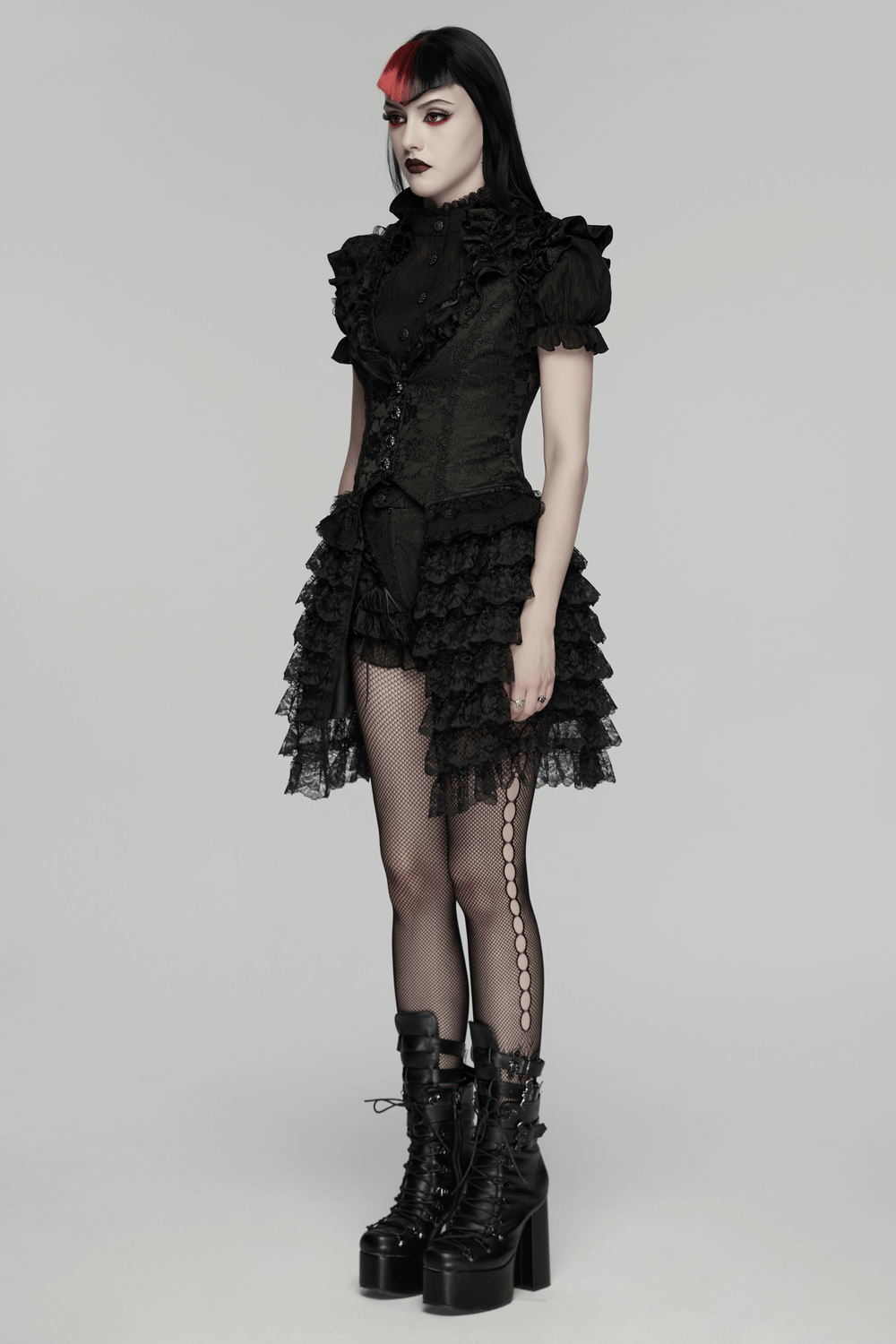 Gothic Lace Vest with Layered Skirt and Ruffled Detail worn by a model, showcasing its elegant design.