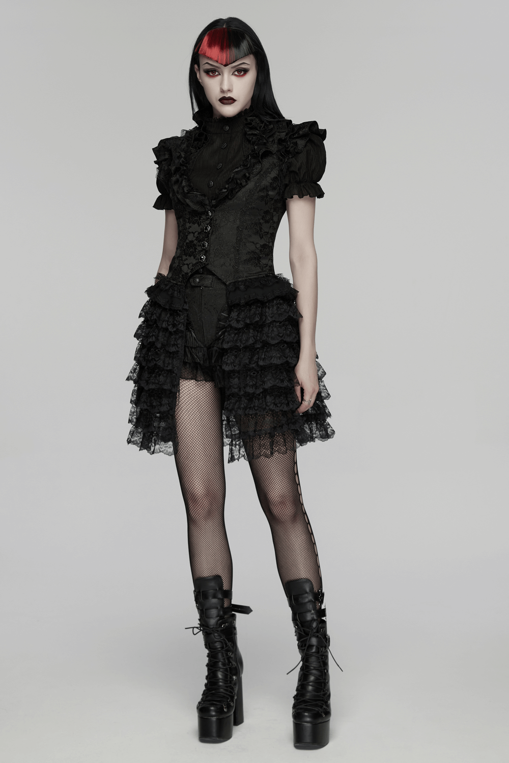 Gothic Lace Vest with Layered Skirt and Ruffled Detail showcasing a model in a striking outfit.