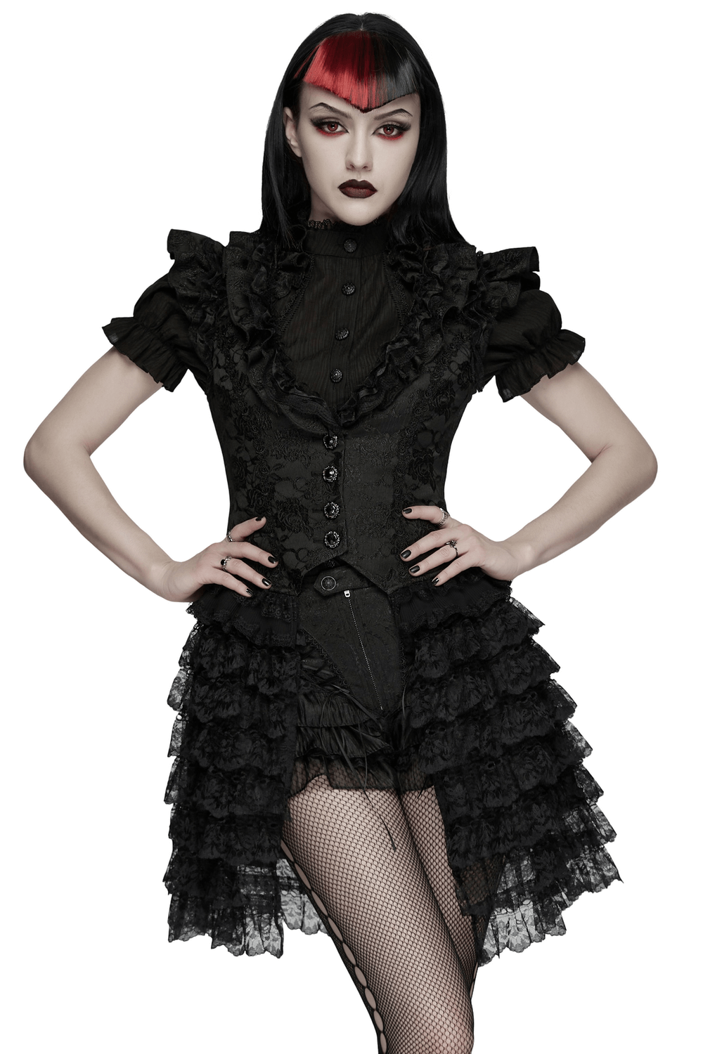 Gothic Lace Vest with Layered Skirt and Ruffled Detail worn by a model showcasing a gothic look.