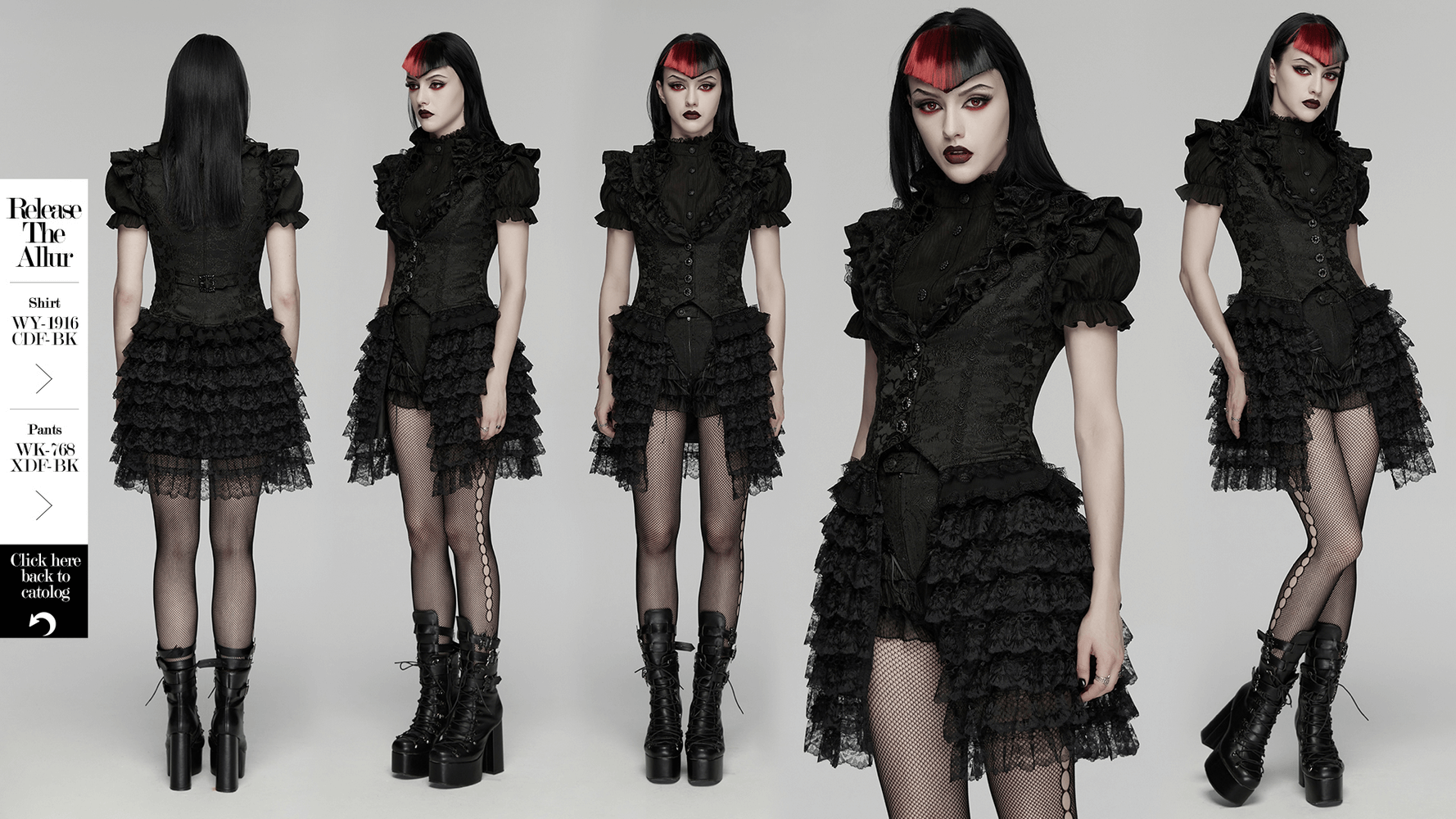 Gothic Lace Vest with Layered Skirt and Ruffled Detail showcased from multiple angles.