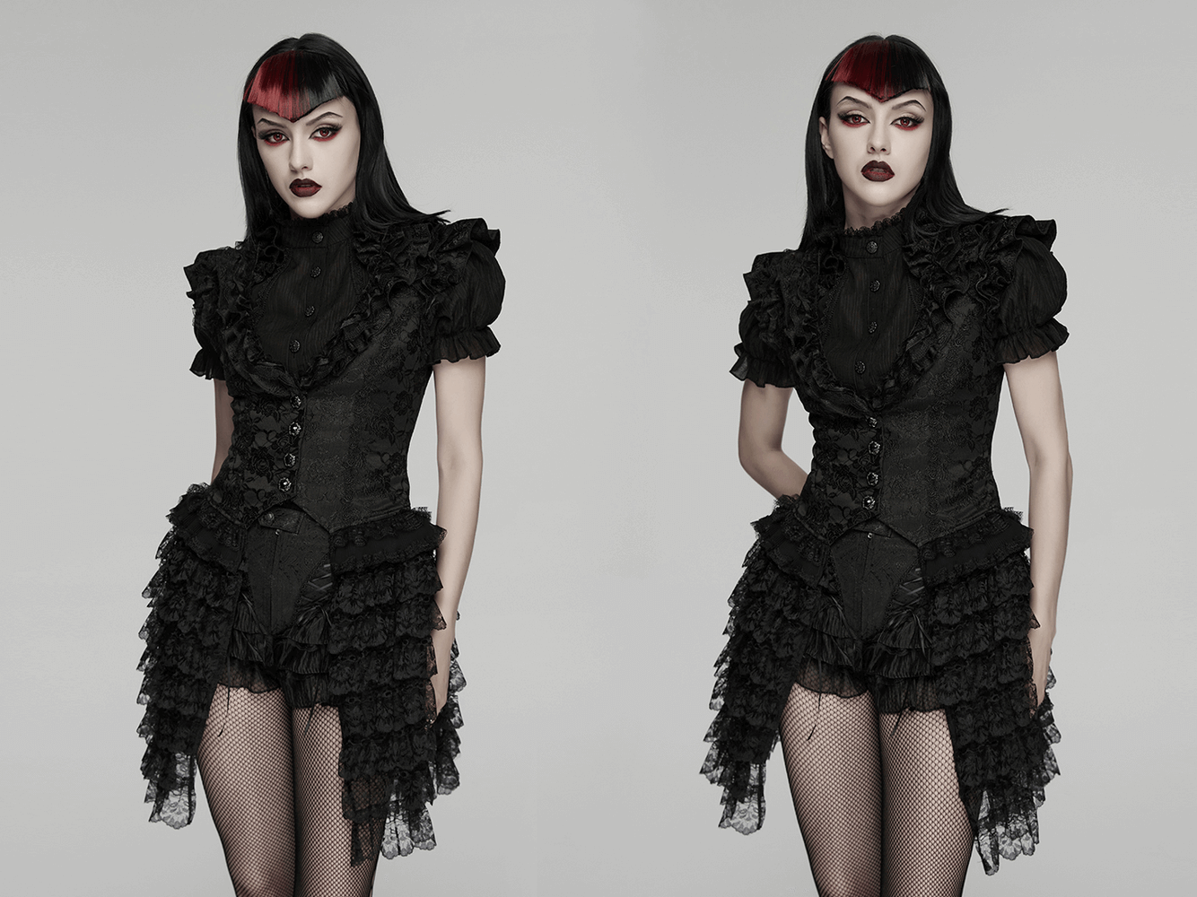 Gothic Lace Vest with Layered Skirt and Ruffled Detail worn by a model with a dramatic look.