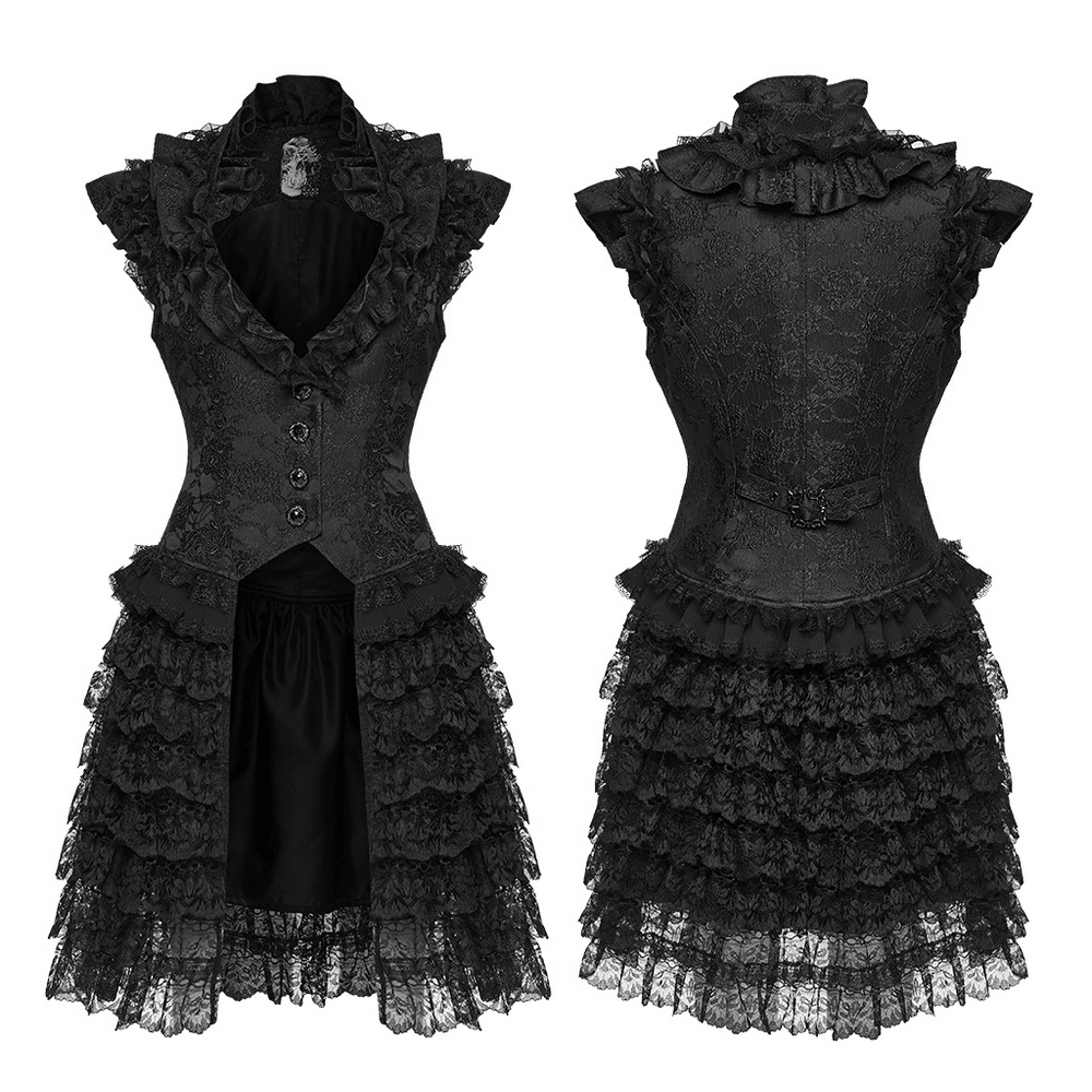 Gothic Lace Vest with Layered Skirt and Ruffled Detail, showcasing elegant lace and ruffled textures.