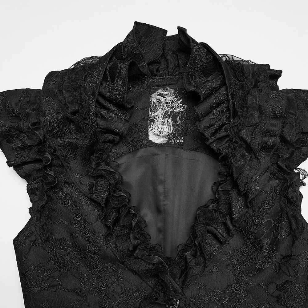 Gothic Lace Vest with Layered Skirt and Ruffled Detail, showcasing intricate black lace and ruffle details.