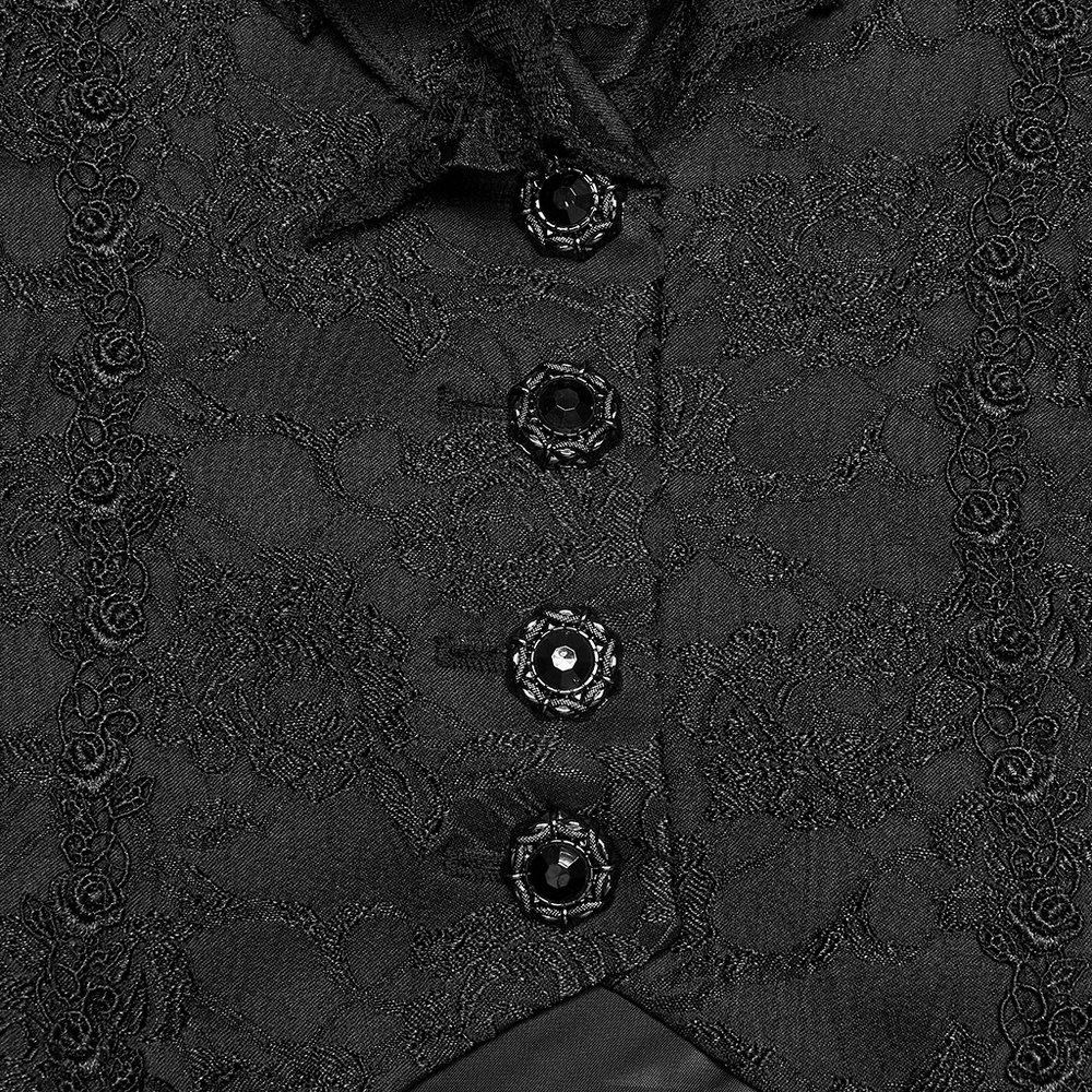 Close-up detail of Gothic Lace Vest with Layered Skirt and Ruffled Detail featuring intricate lace and black buttons.