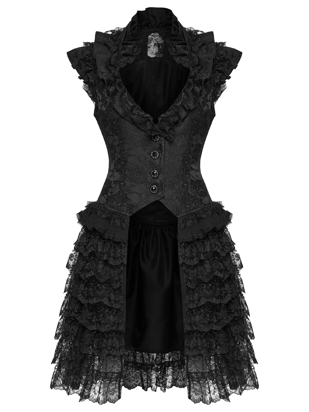 Gothic Lace Vest with Layered Skirt and Ruffled Detail showcasing intricate lace and ruffles in elegant black.