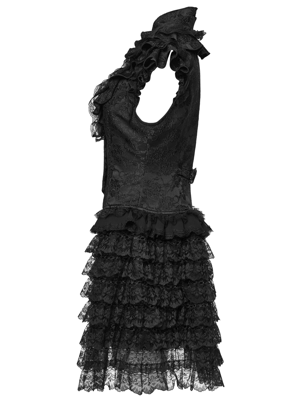 Gothic Lace Vest with Layered Skirt and Ruffled Detail showcasing intricate lace and ruffles in black.