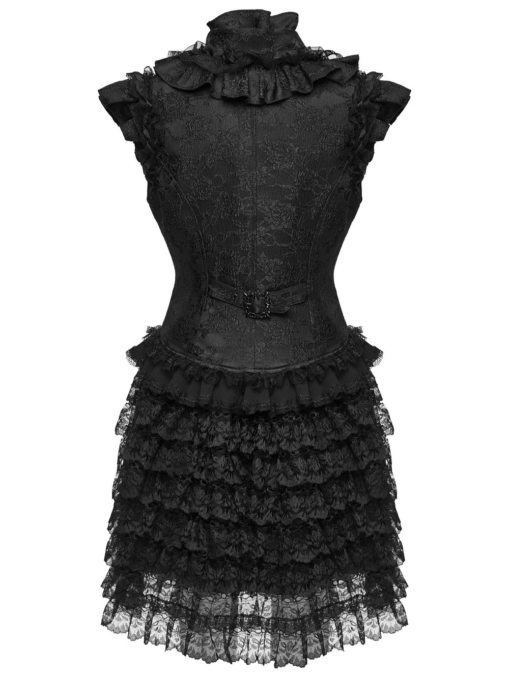 Gothic Lace Vest with Layered Skirt and Ruffled Detail, showcasing intricate lace and ruffles.