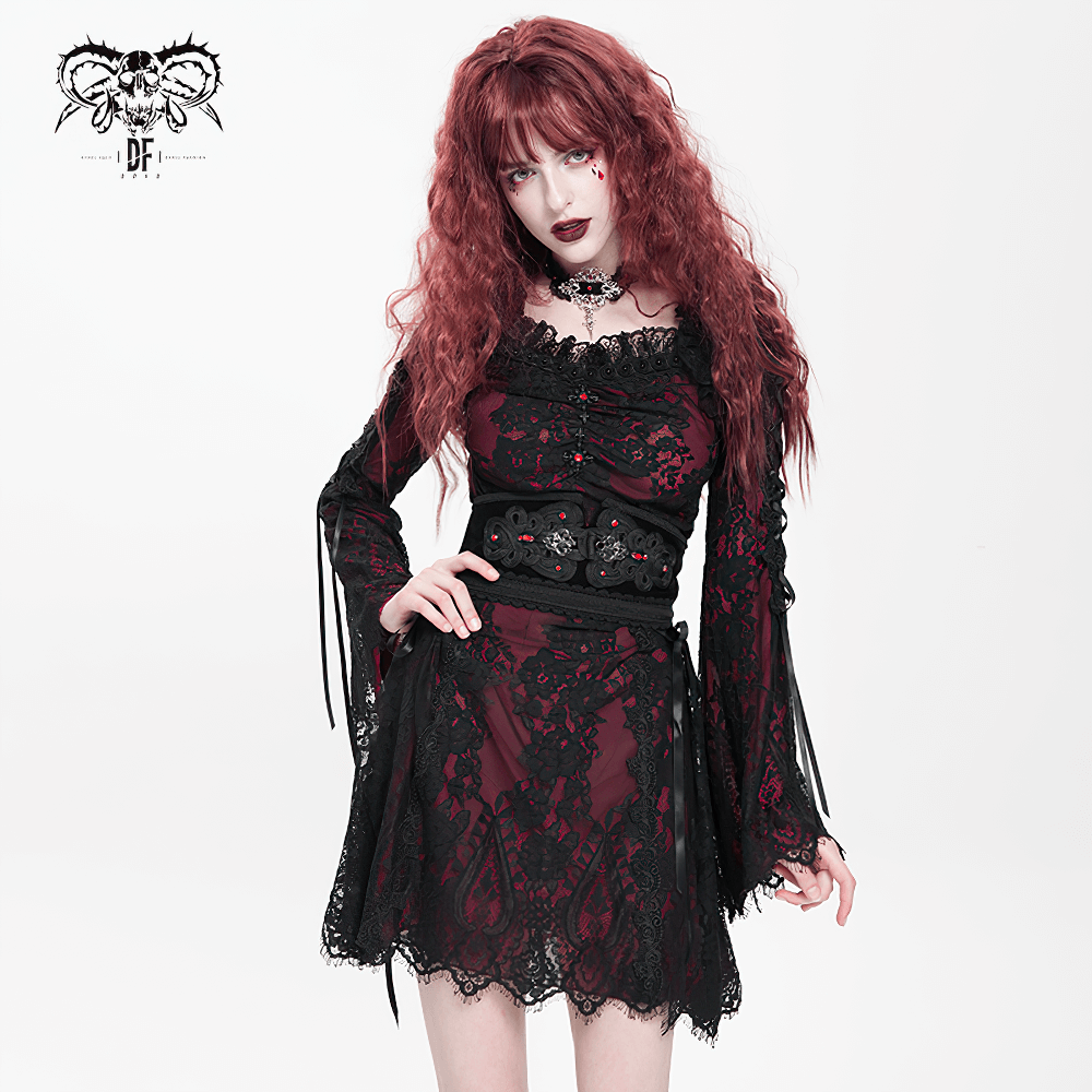 Gothic lace wine red and black mini dress with flared sleeves and a fitted square neckline.