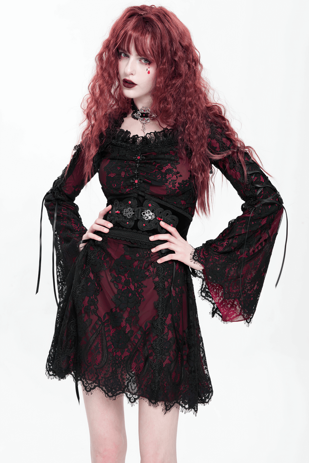 Gothic lace wine red and black long sleeve mini dress with flared sleeves and lace-up details.