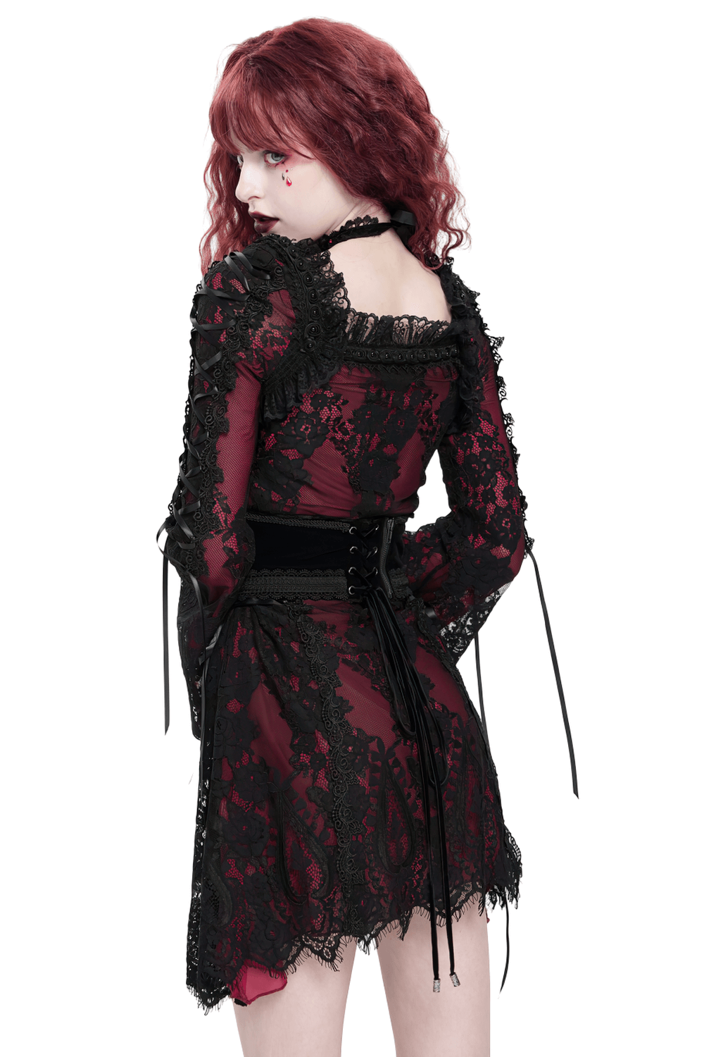 Back view of a Gothic lace mini dress in wine red and black with flared sleeves and lace-up detailing.