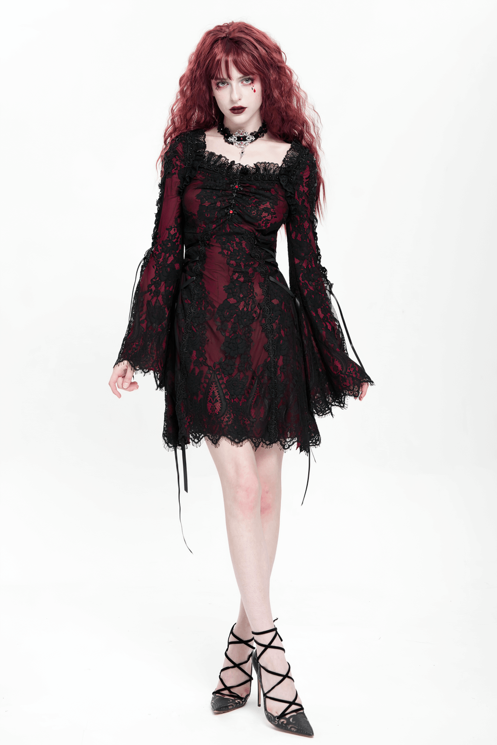 Gothic lace wine red and black long sleeve mini dress with flared sleeves and lace-up details, perfect for alternative fashion.