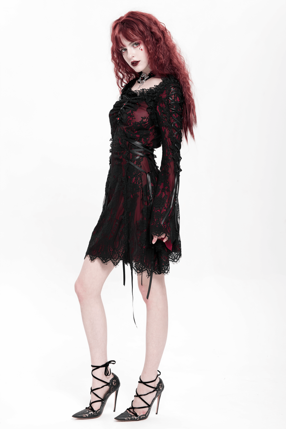Gothic lace wine red and black long sleeve mini dress with flared sleeves and lace-up details