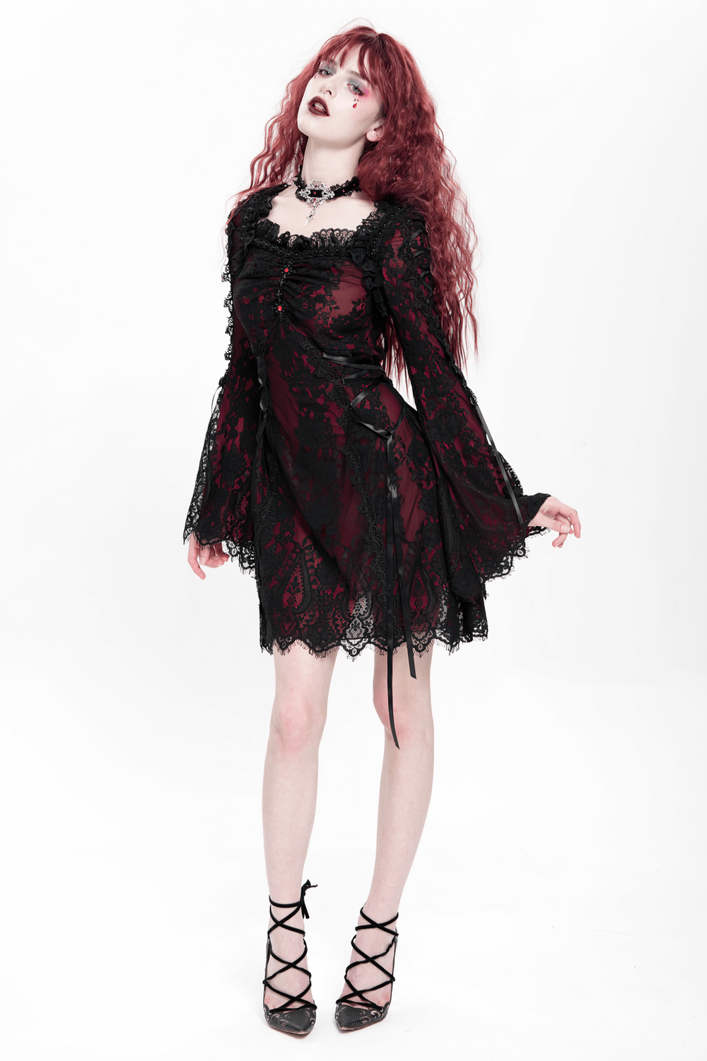 Dark romantic gothic lace mini dress in wine red and black with flared sleeves, perfect for alternative fashion.